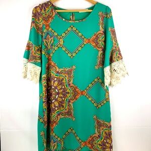 Cottagecore green yellow white paisley crochet lace bell sleeve boho midi dress